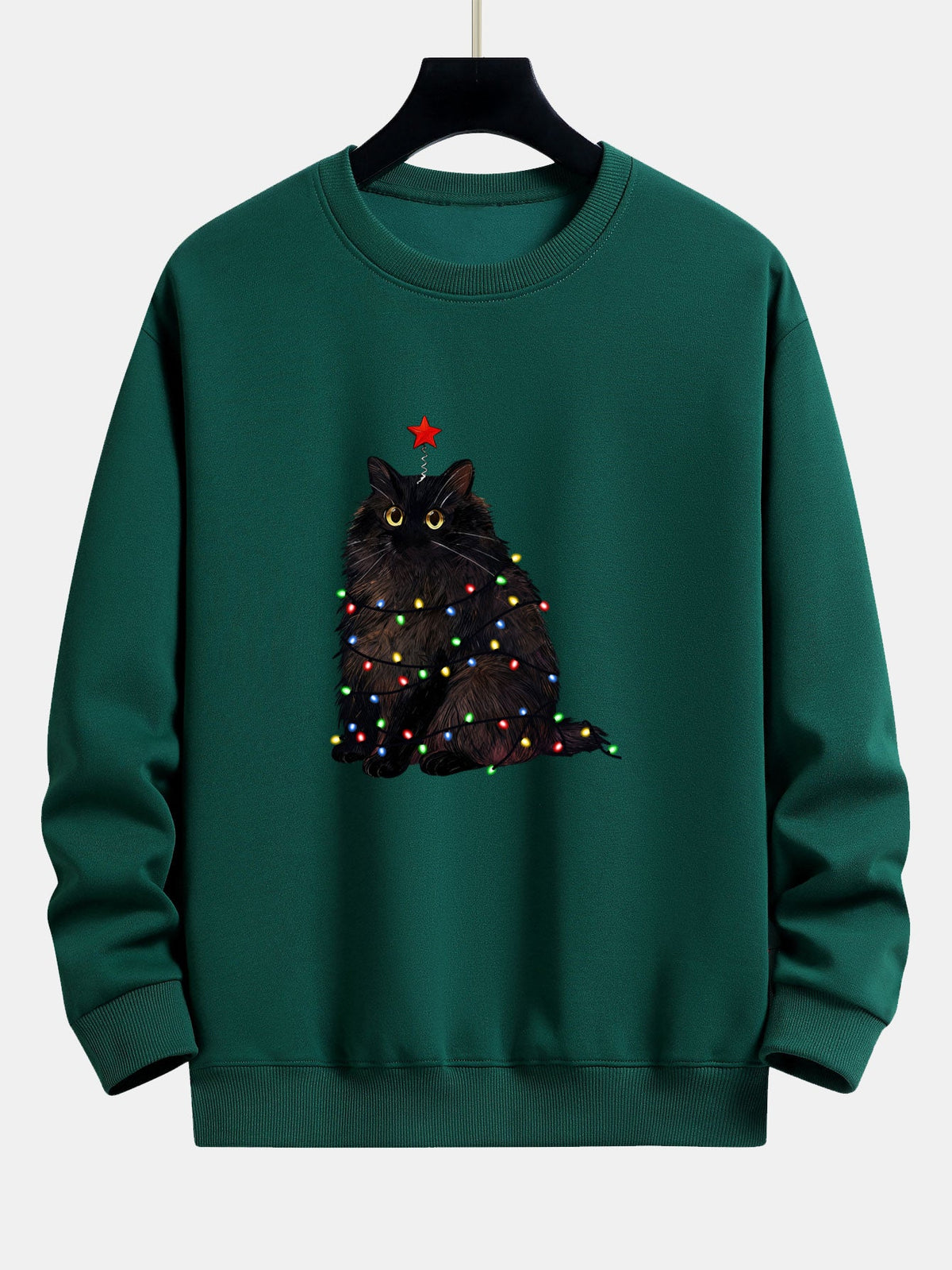 Christmas Lights Black Cat Print Relax Fit Sweatshirt