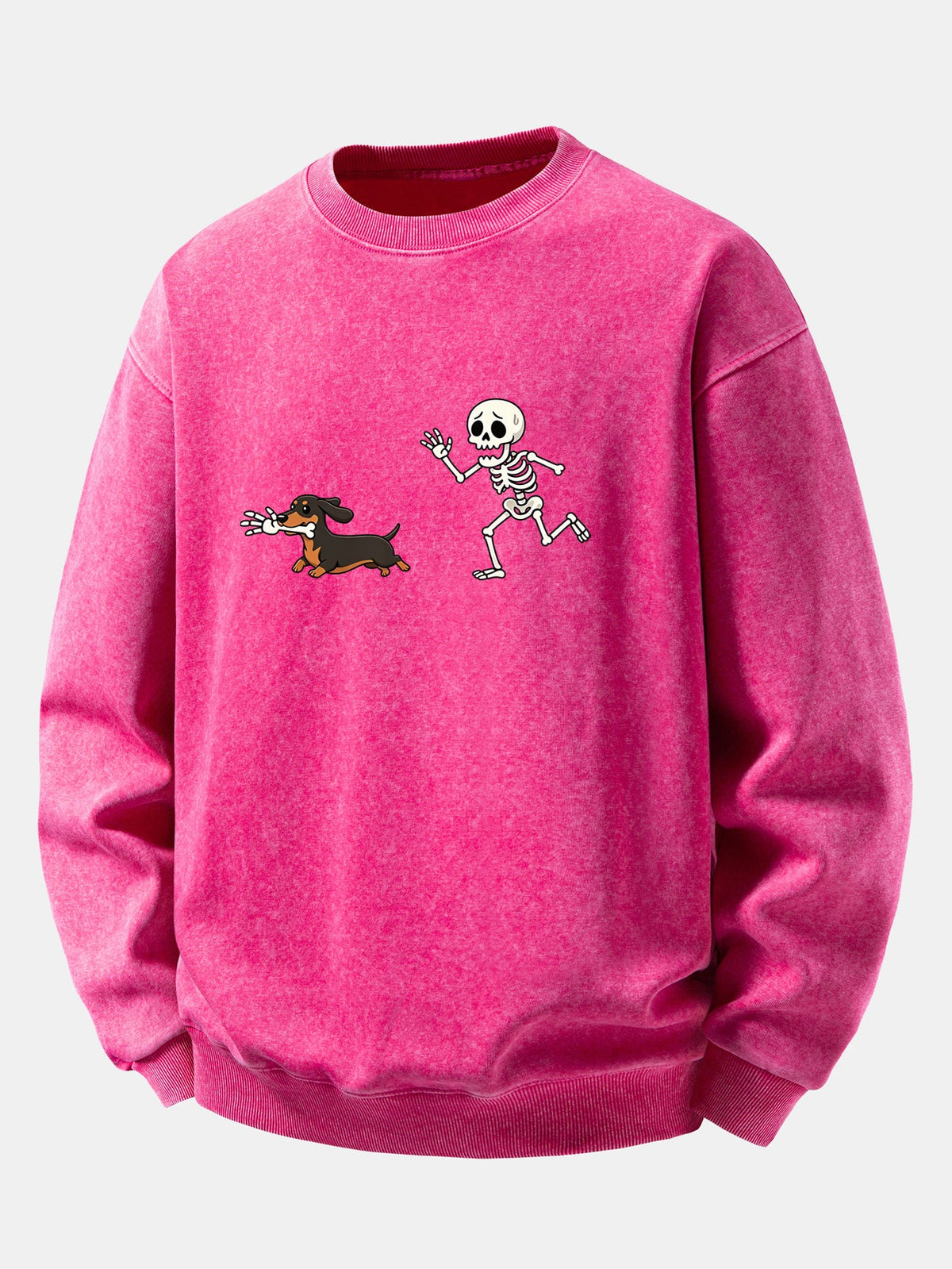 Relaxed Fit Skeleton Chasing Dachshund Print Washed Distressed Sweatshirt