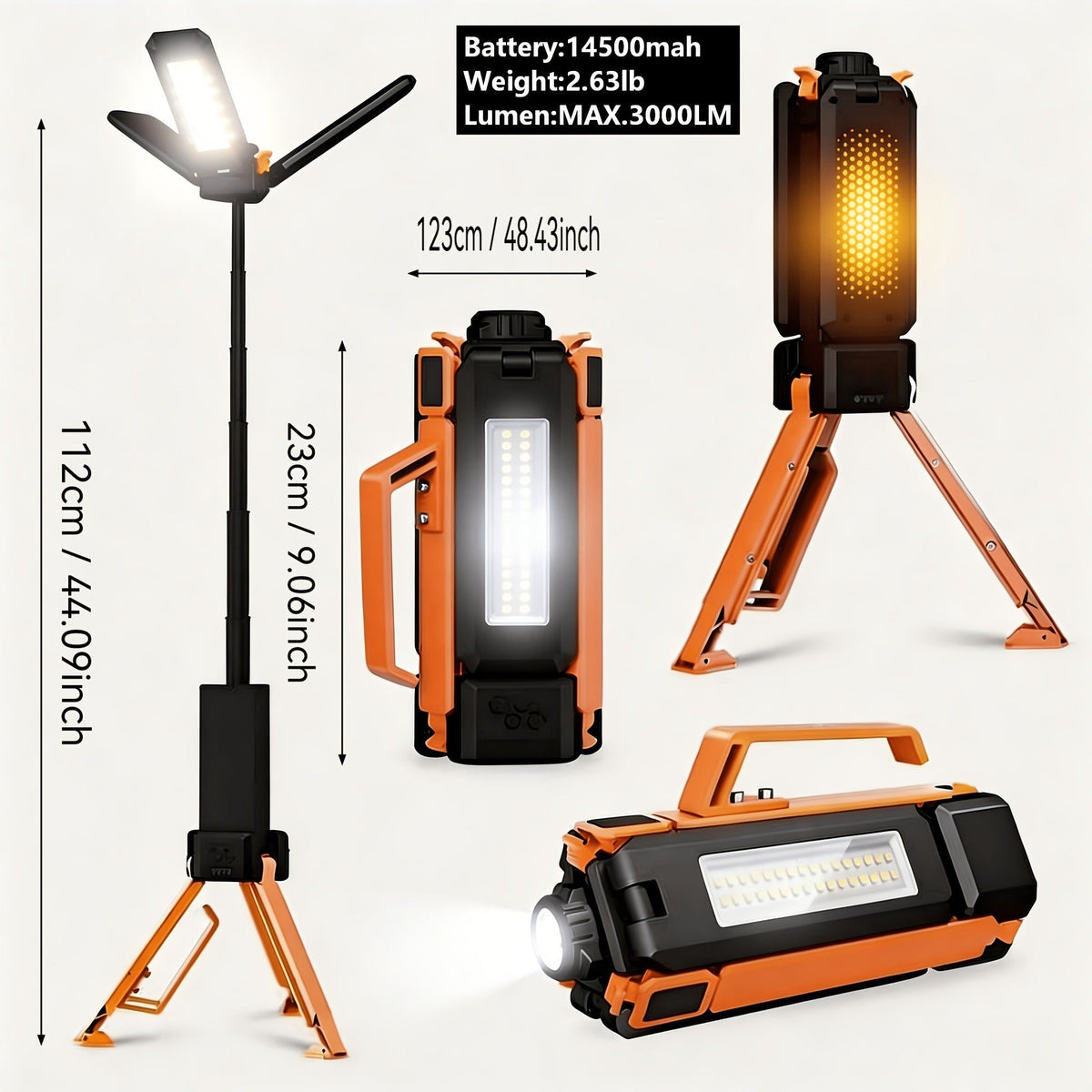 Camping Lantern with Rechargeable USB Power and Tripod Stand, LED Work Light Featuring Ten Lighting Modes