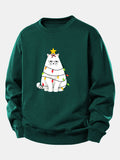 Christmas Lights White Cat Print Relax Fit Sweatshirt
