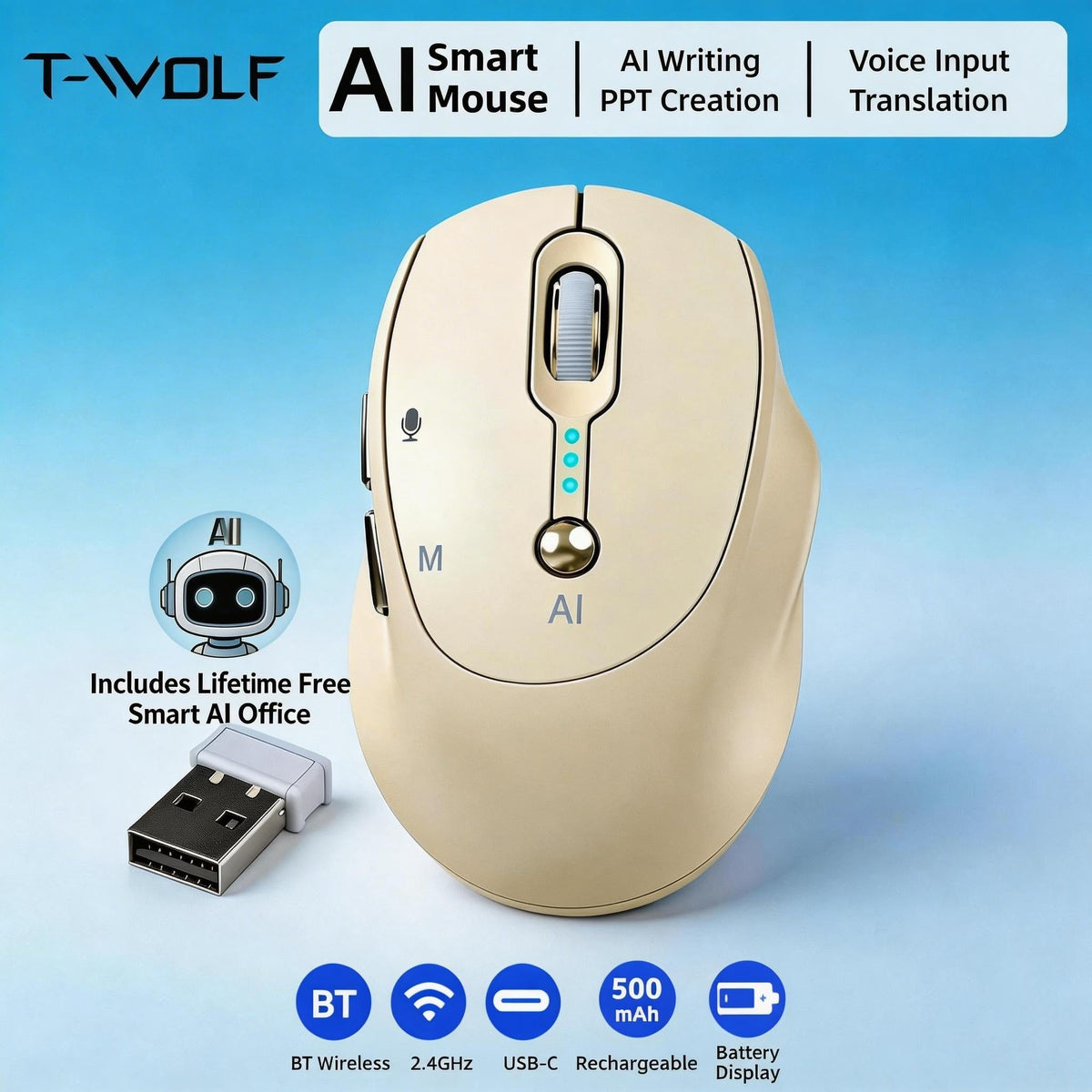 AI Wireless Mouse Voice to Text Real-Time Translation PPT Creation T-WOLF Silent Rechargeable for an Everyday Personal Care Routine