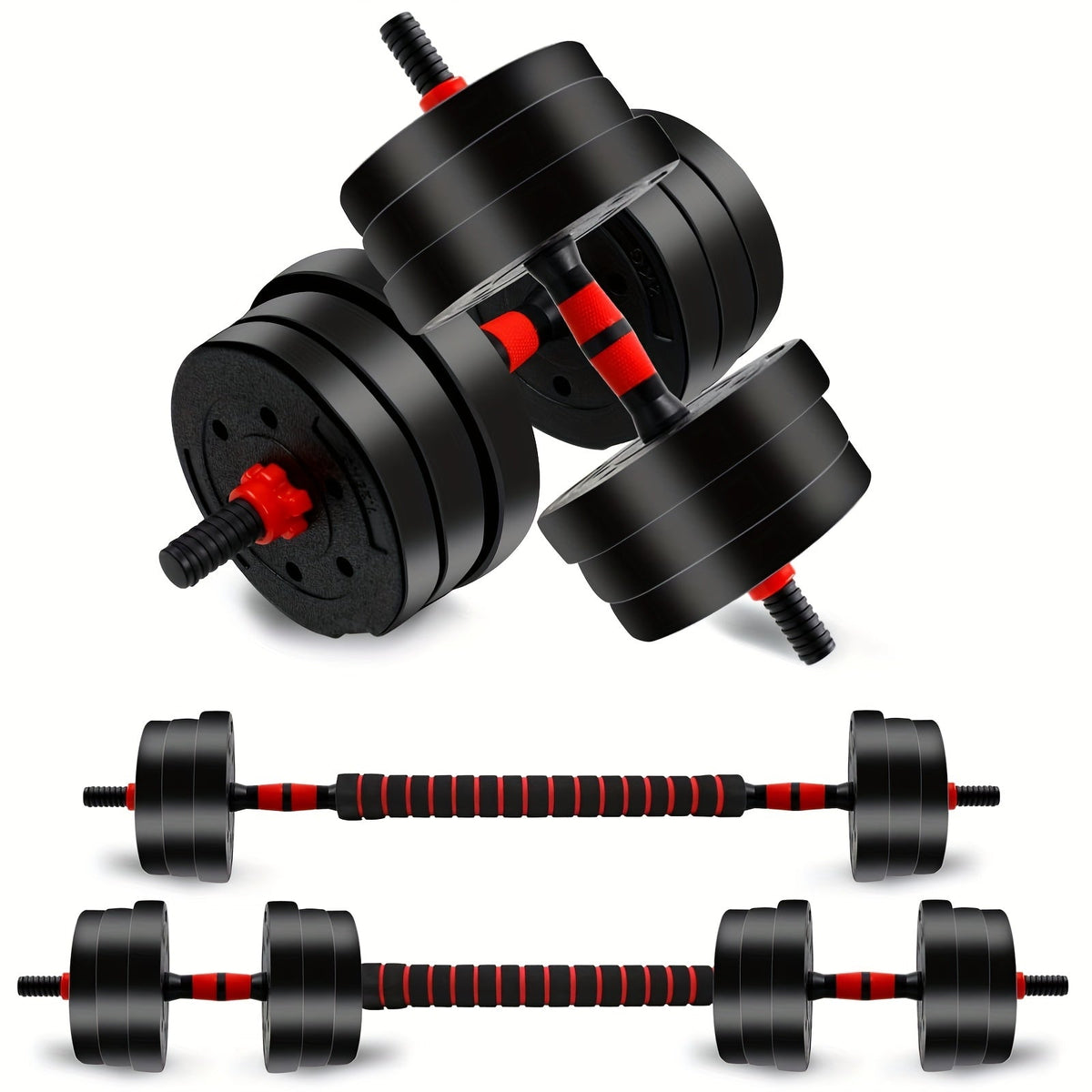 44-Pound Adjustable Dumbbell and Barbell Set with Black Round Plates, Connecting Rod and Double Lock Nuts