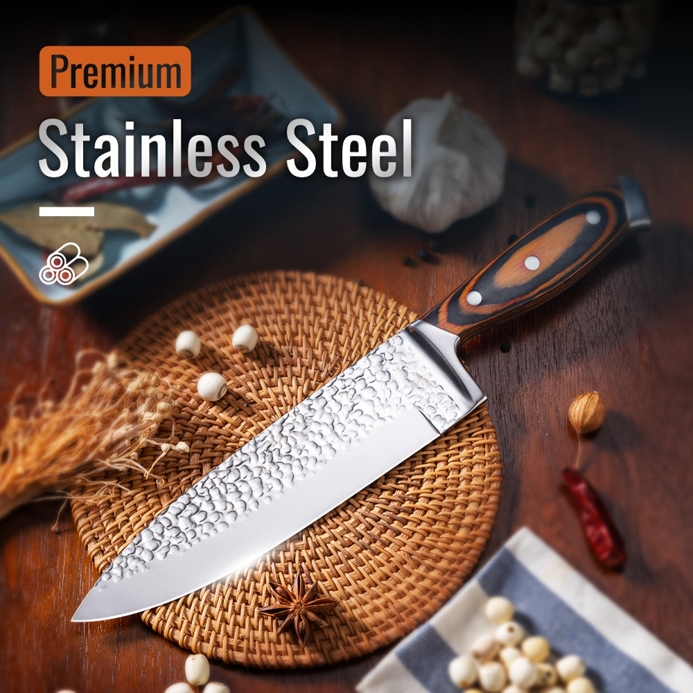 Kitchen Knife Set 15-Piece & 20-Piece Professional Chef Knives with Block Sharpener Ultra-Sharp Medium Carbon Stainless Steel Hammered Blade Wooden Handle Dishwasher Safe Gift for Men & Family