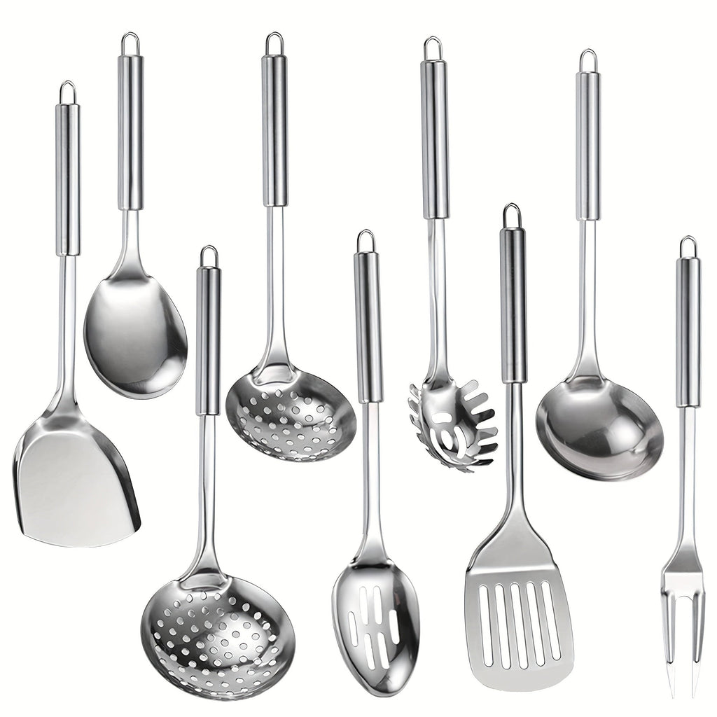 Kitchen Utensils with Hanging Loops, Nine-Piece 304 Stainless Steel Set of Mixed Cooking Tools