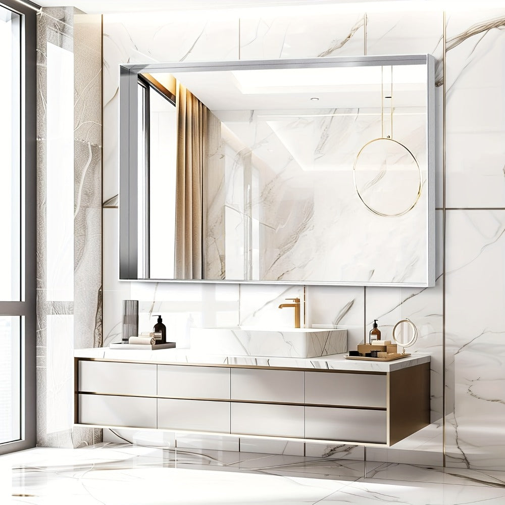 Bathroom Mirror with Rectangular Metal Frame, Horizontal or Vertical Wall Mounting in Three Finishes