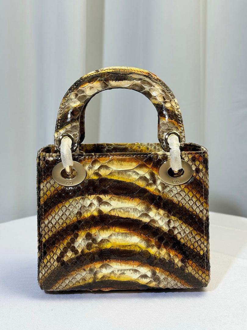Dior Lady Dior Mini – Python Exotic Skin Brown Gold Tonal Silver Hardware DIOR Charm Chain Strap