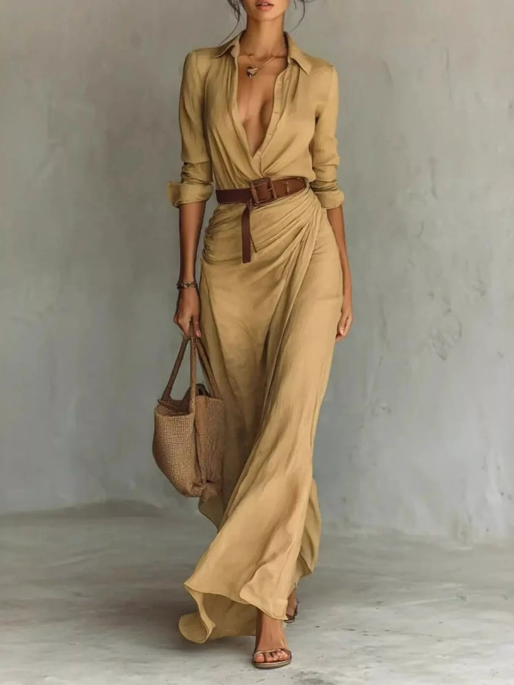 Verity | Elegantes Maxikleid mit Bindegürtel und langen Ärmeln