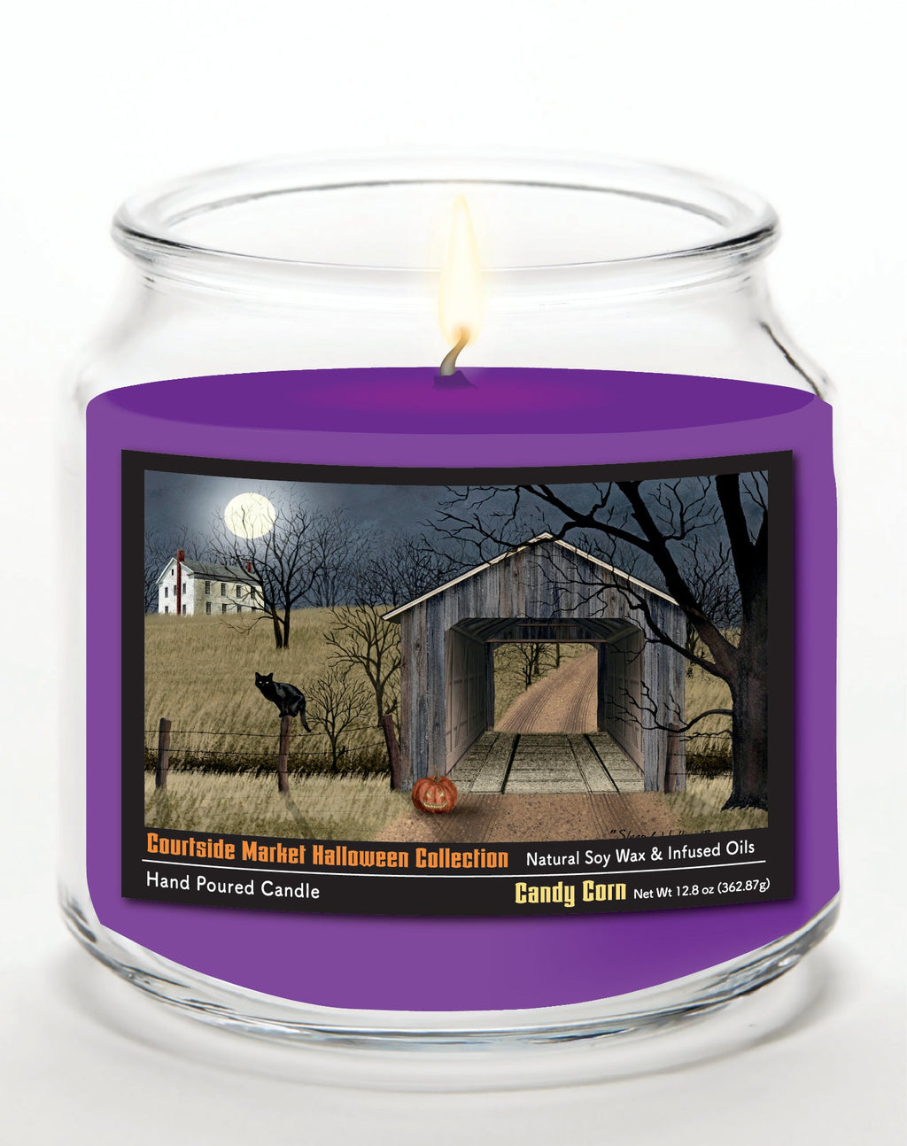 Halloween Collection Black Cat & Jack-O-Lantern 12.8 Oz Candle Glass Jar with Brushed Silver Metal Lid