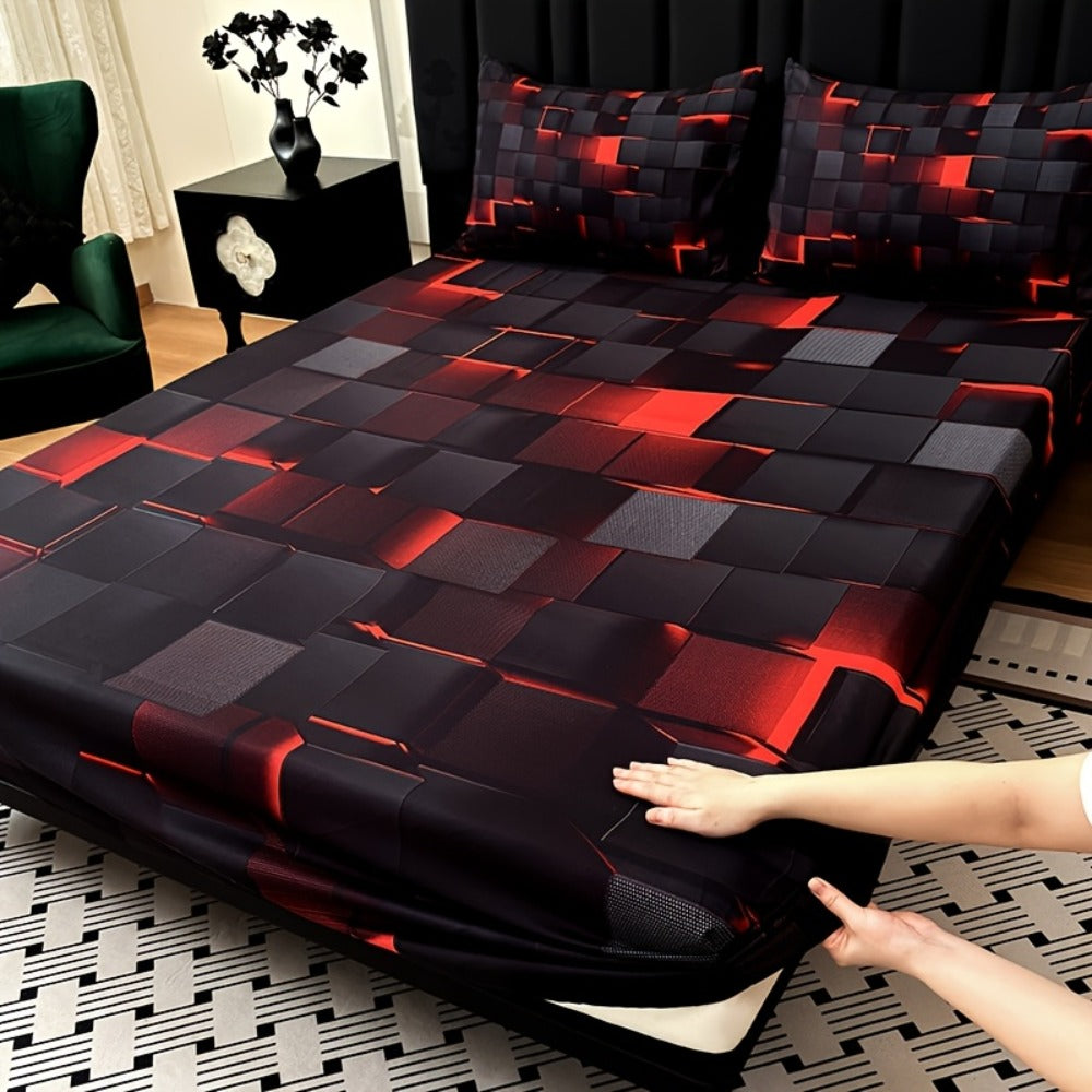 Fitted Sheet Set 3pcs Plaid Digital Print Deep Pocket 15" All Season Bed Sheet + 2 Pillowcases No Filling Twin Full Queen King