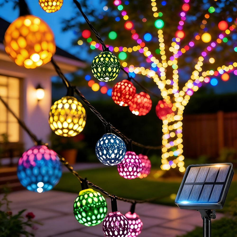 Moroccan Solar String Lights Outdoor - Metal Sphere Fairy Lights with 20/30/50 LED Beads, 8 Modes