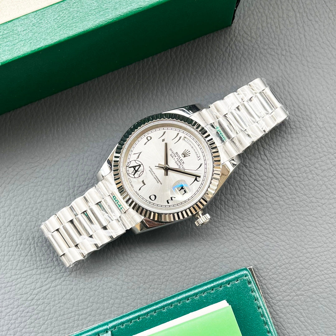 Rolex Datejust – Steel White Gold Fluted Bezel White Arabic Numeral Dial President Bracelet Box Papers