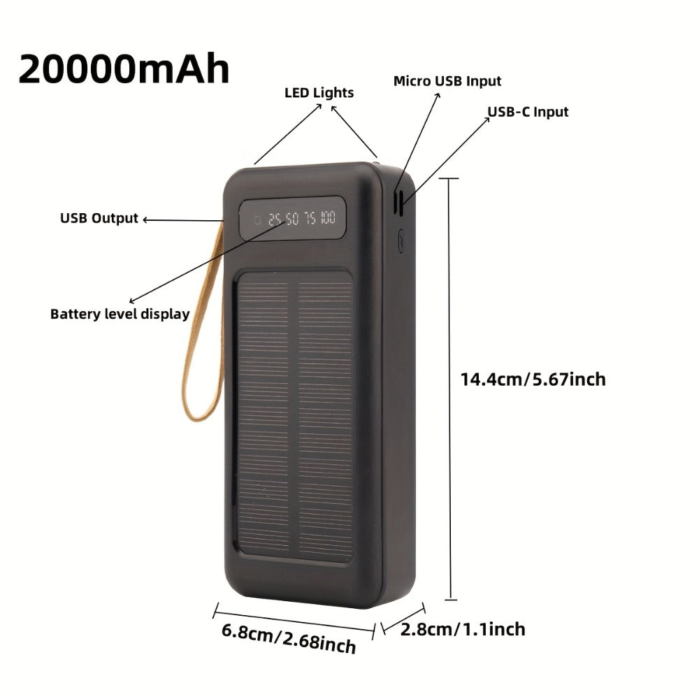 Solar Power Bank for Portable Device Charging, Built-In Cables and Digital Display, 10000-30000mAh