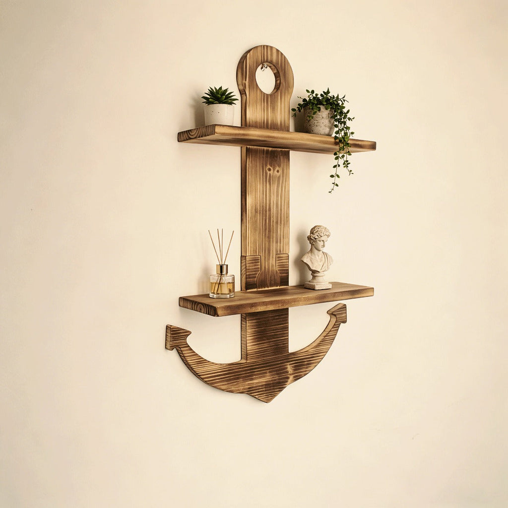 Floating Wall Shelves Solid Wood 2-Tier Nautical Anchor Shelf Handcrafted Heavy Duty Wall Mounted Organizer for Bedroom Living Room Bathroom Lake House
