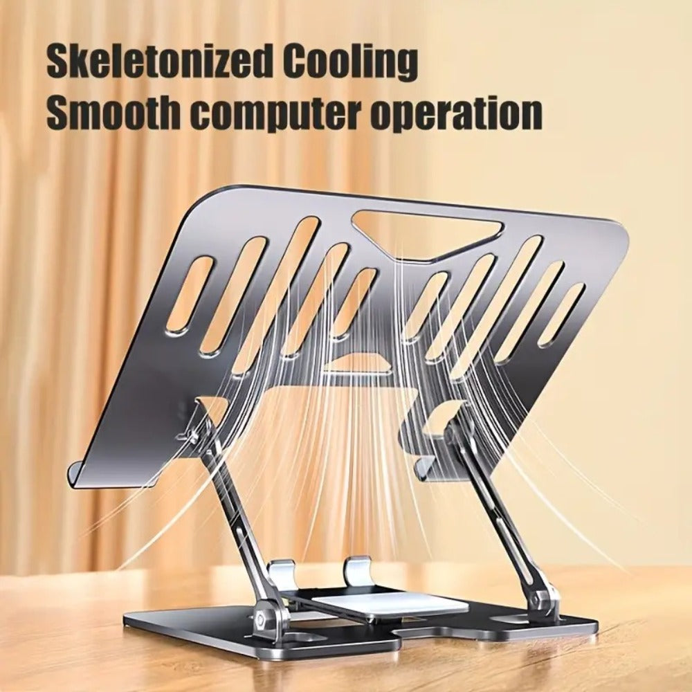 2-in-1 Laptop and Phone Stand with Adjustable Foldable Metal Frame in Silver or Black for Desk Use
