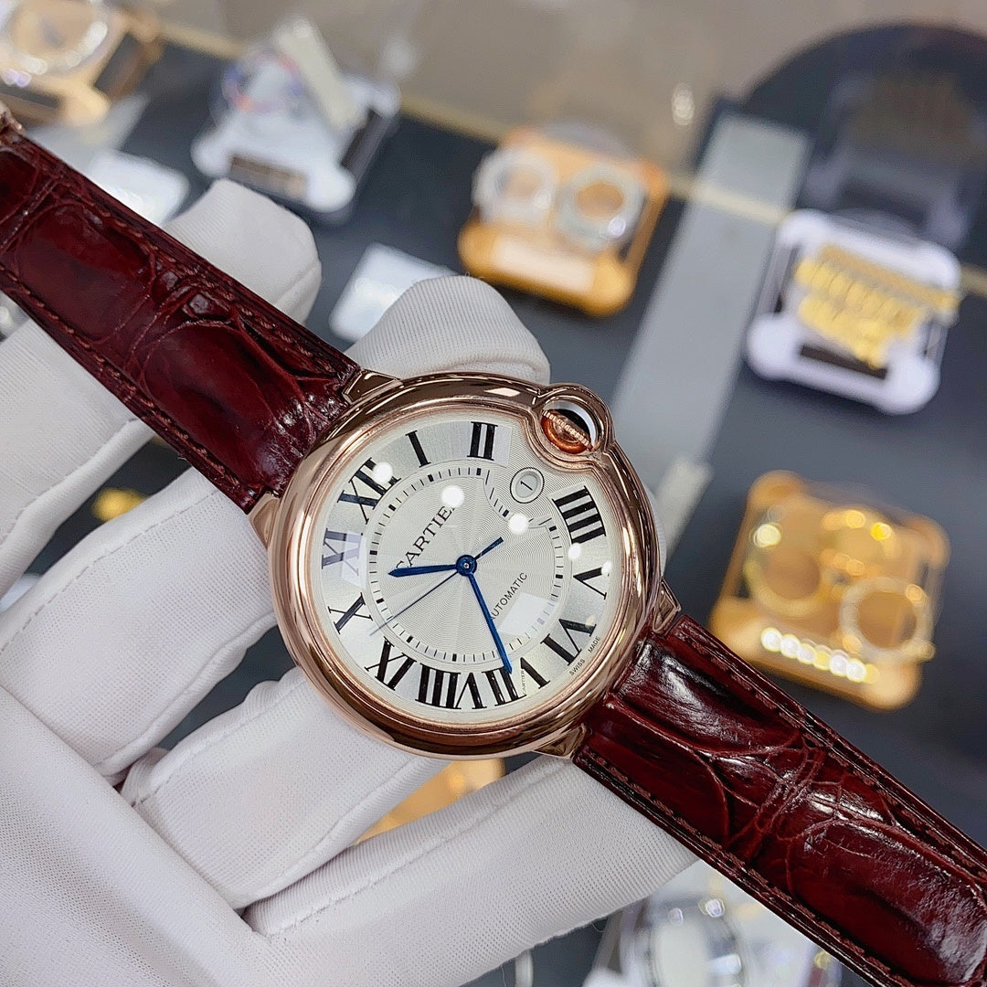 Cartier Ballon Bleu – Rose Gold White Guilloché Dial Roman Numerals Blue Sword Hands Burgundy Crocodile Strap Automatic