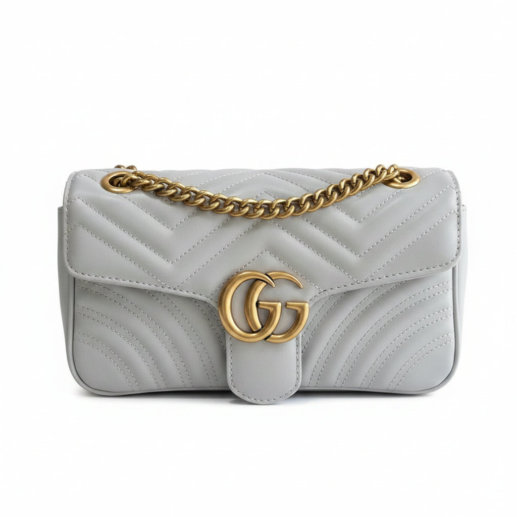 Grey Blue Quilted Leather Chain Shoulder Bag