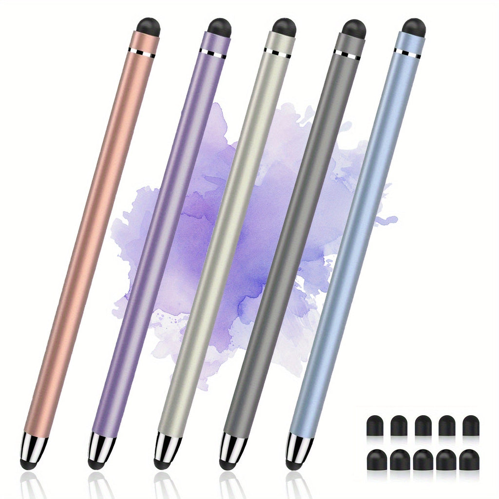 5-Piece Dual-Tip Stylus Pen Set with Metal Bodies, Two Rubber Tip Sizes and 10 Replacement Tips