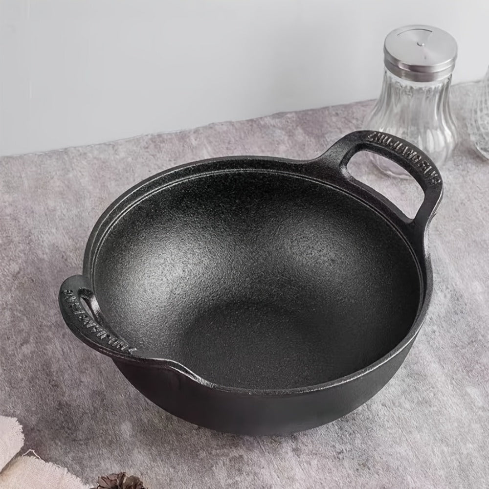 Cast Iron Wok Skillet Non-Stick Deep Stir Fry Pan with Dual Handles - Uncoated Traditional for Home Cooking, Dining and Outdoor Meals