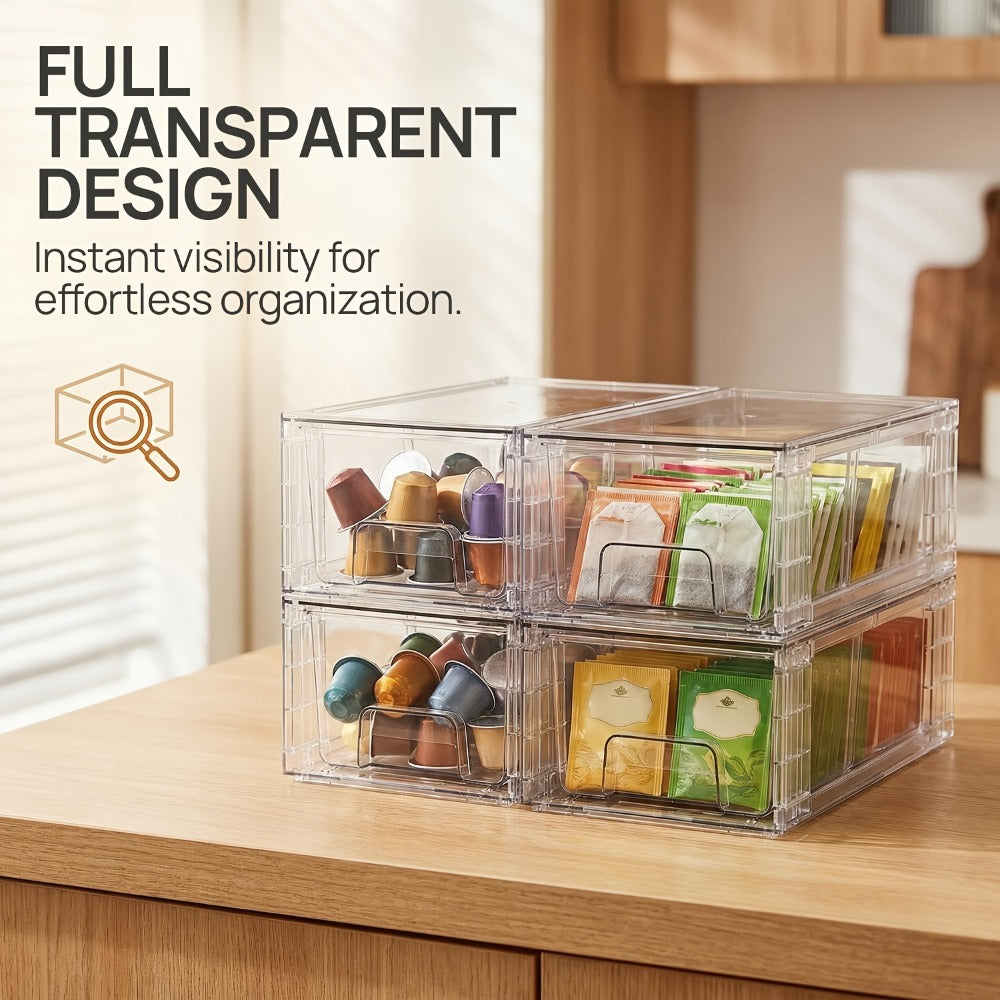 Clear Acrylic Storage Drawers with Handles - Stackable Refrigerator and Pantry Organizer Bins for Snacks Fruits and Vegetables