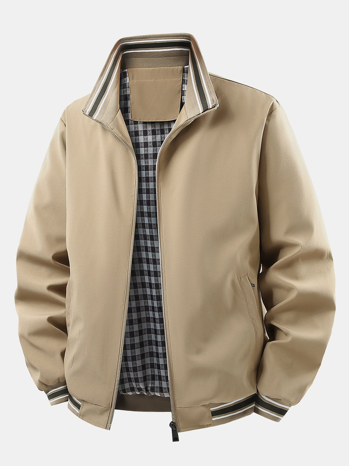 Plaid-Lined Stand Collar Zip-Up Jacket