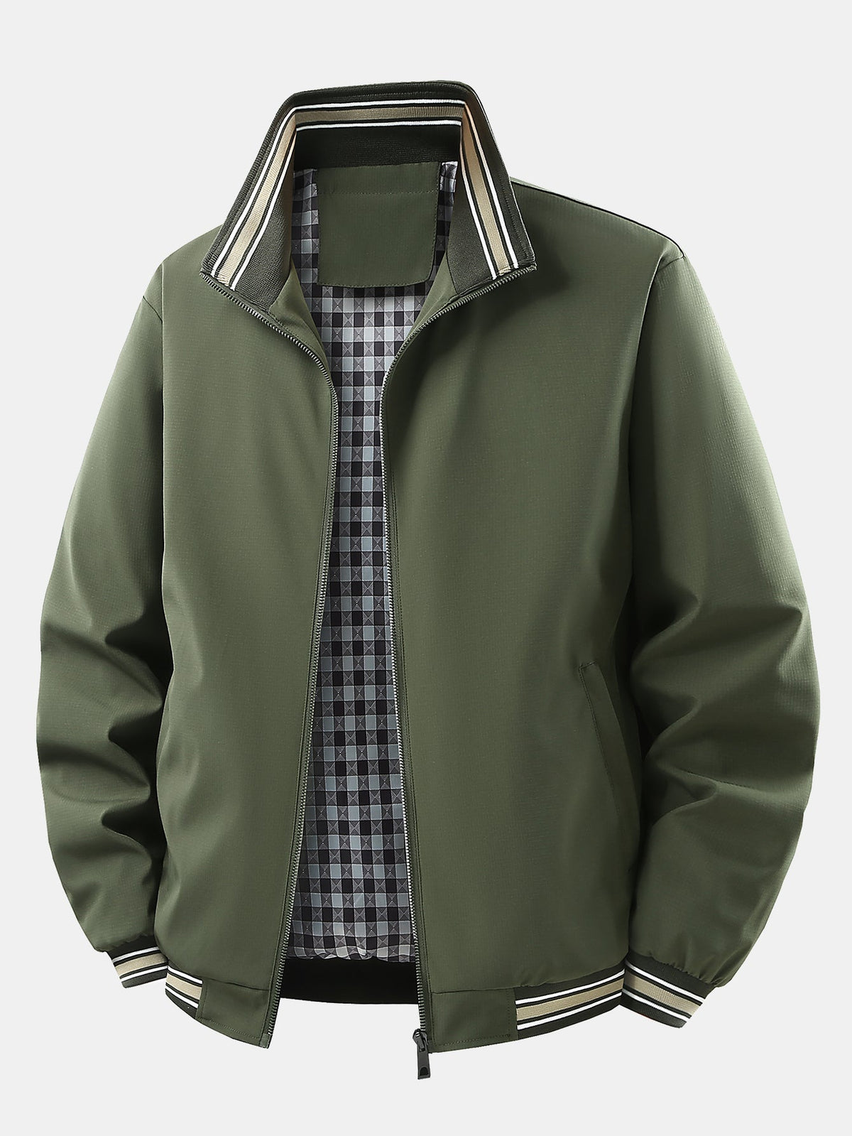 Plaid-Lined Stand Collar Zip-Up Jacket