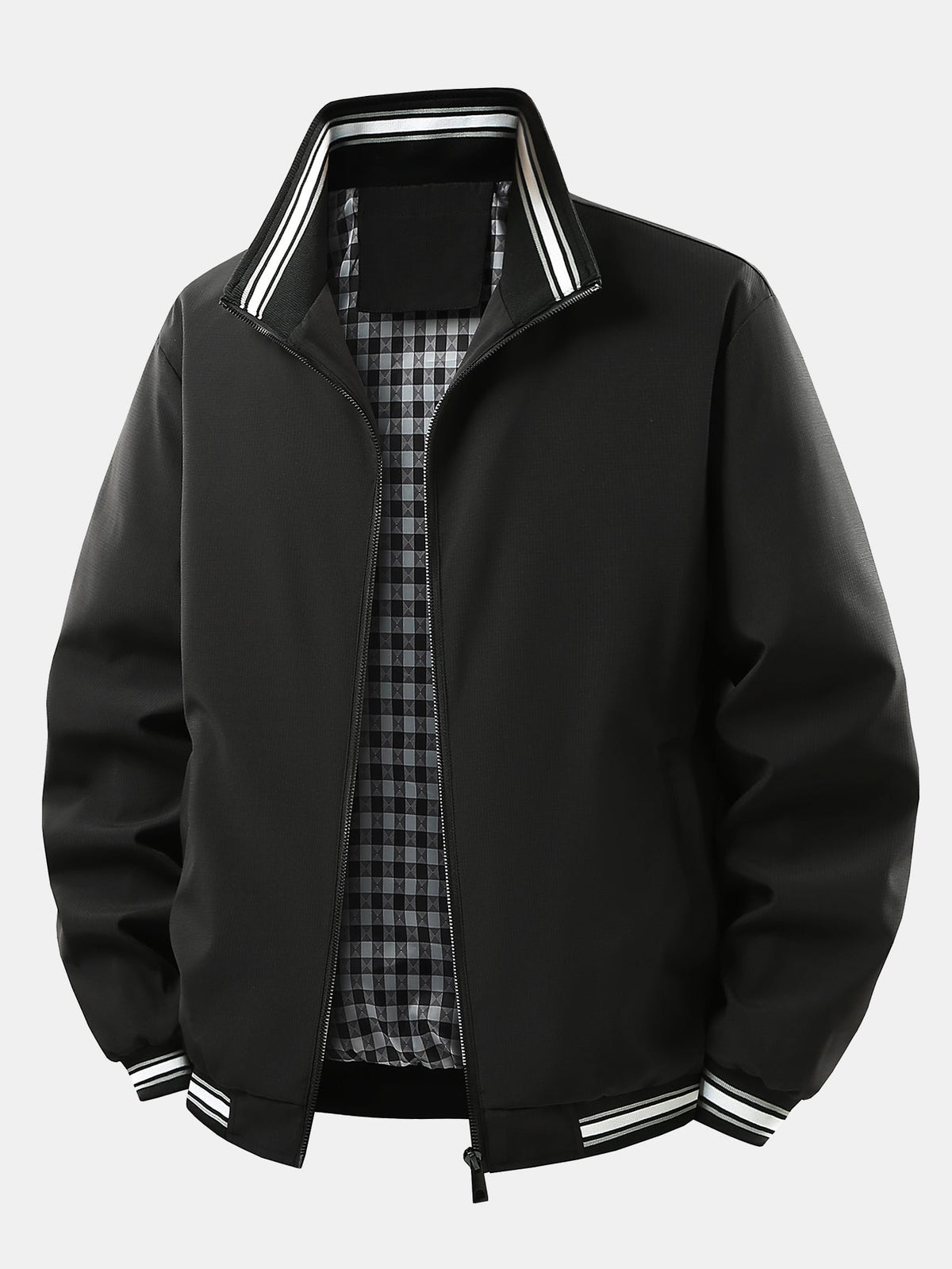 Plaid-Lined Stand Collar Zip-Up Jacket