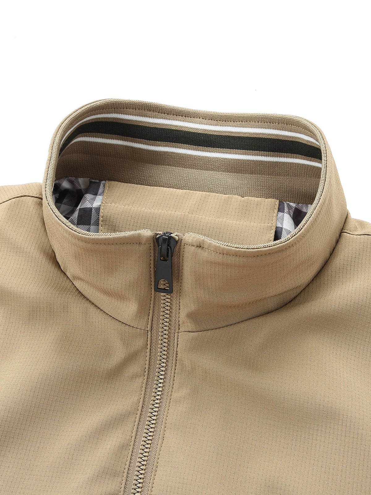 Plaid-Lined Stand Collar Zip-Up Jacket
