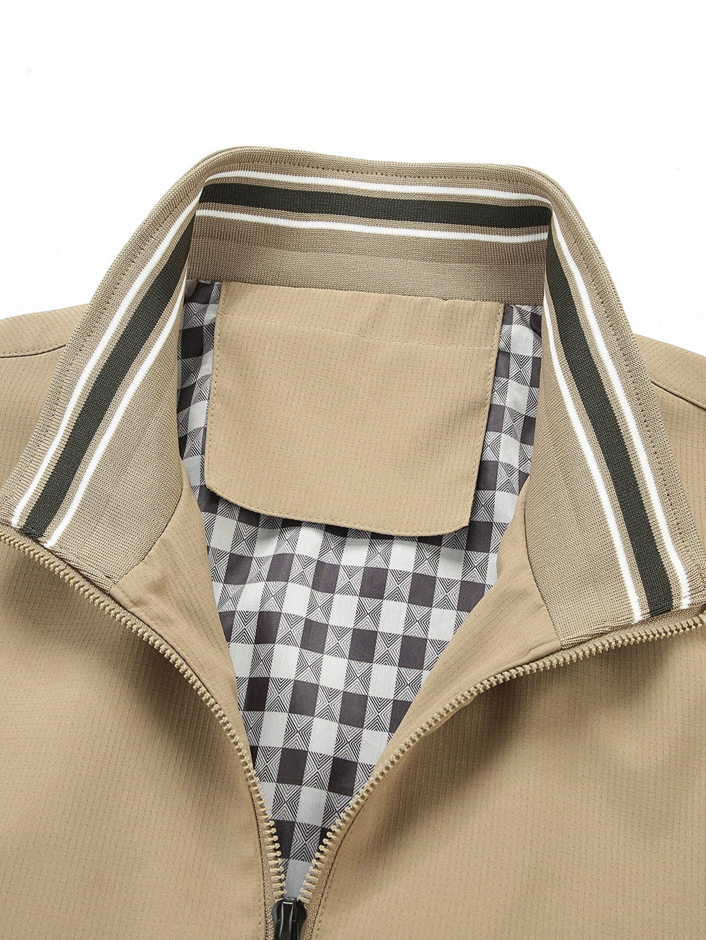 Plaid-Lined Stand Collar Zip-Up Jacket