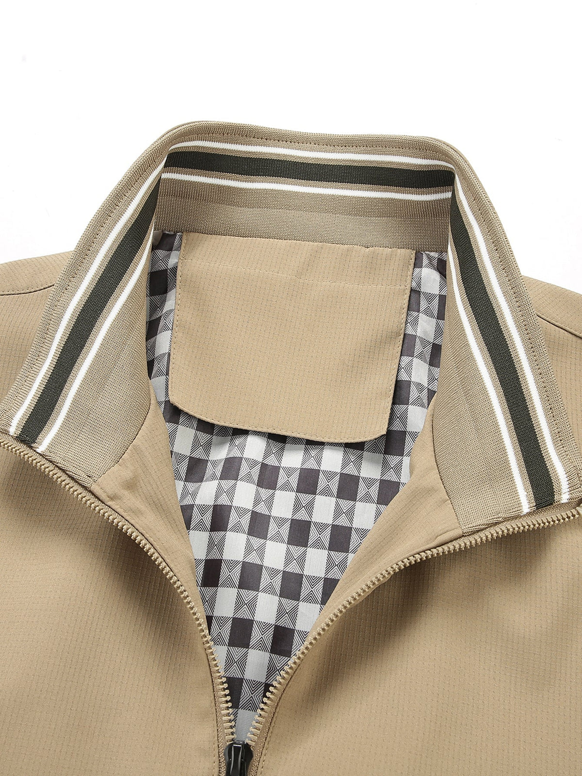 Plaid-Lined Stand Collar Zip-Up Jacket