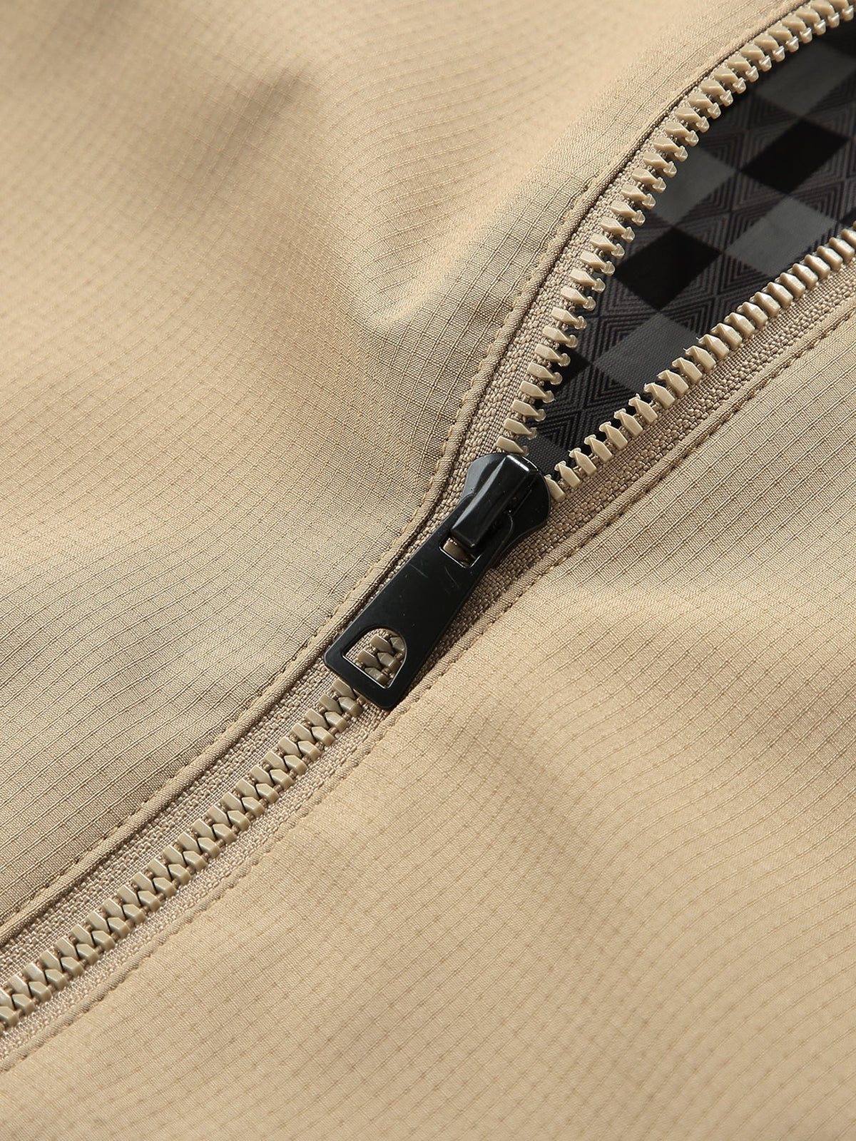 Plaid-Lined Stand Collar Zip-Up Jacket