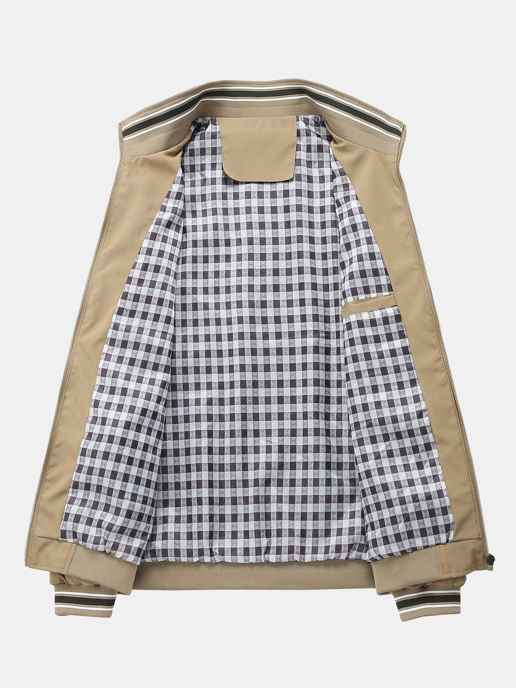 Plaid-Lined Stand Collar Zip-Up Jacket