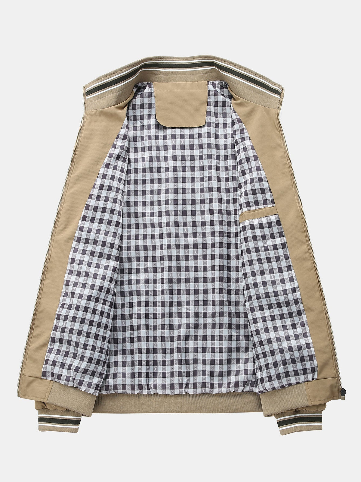 Plaid-Lined Stand Collar Zip-Up Jacket