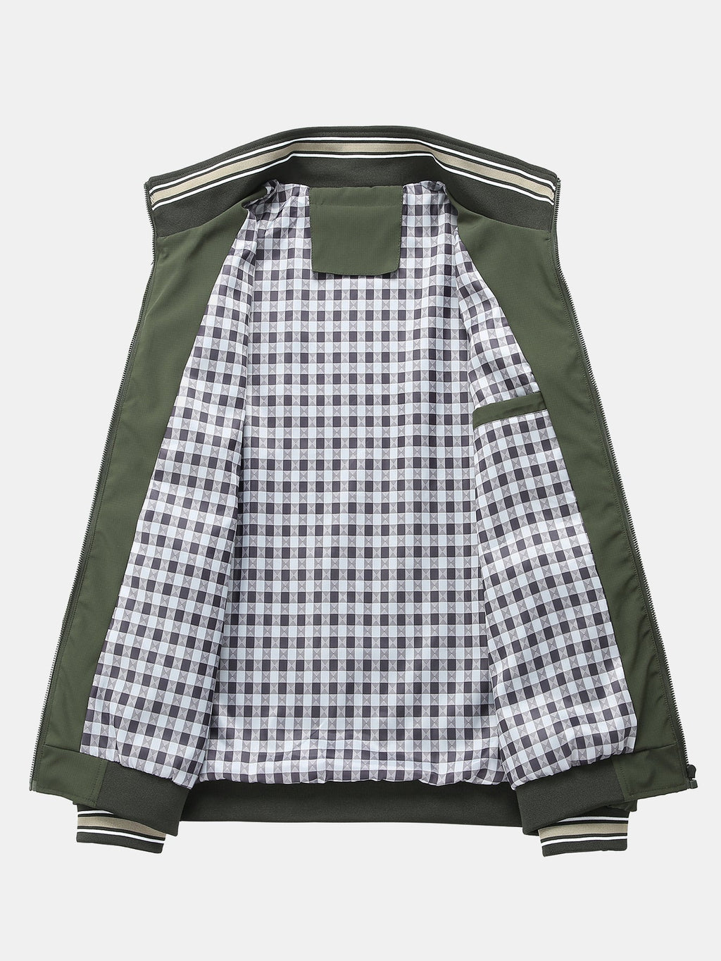 Plaid-Lined Stand Collar Zip-Up Jacket