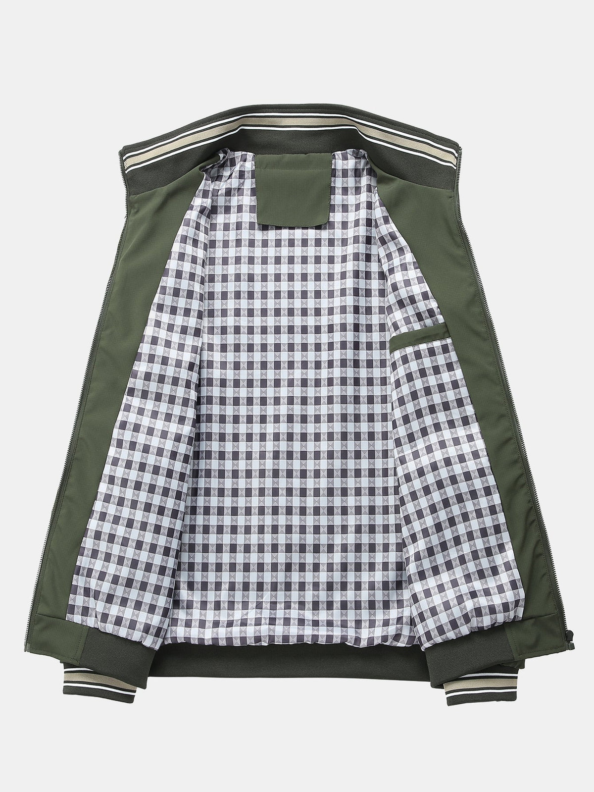 Plaid-Lined Stand Collar Zip-Up Jacket