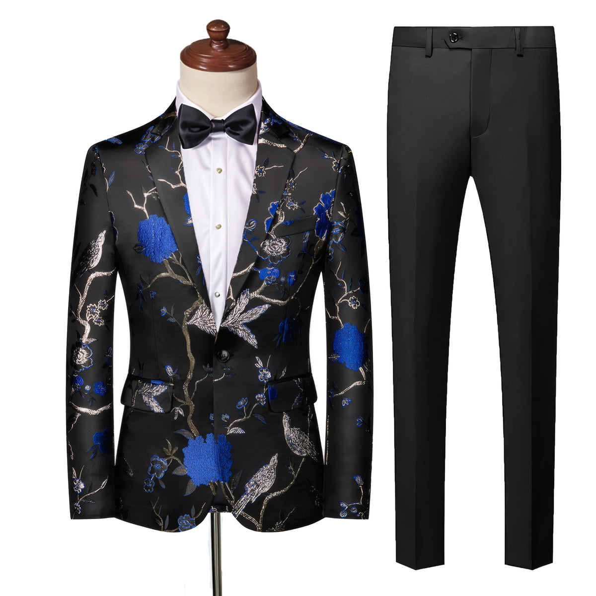 Men's 2-Piece Large Collar Unique Blue Bird Embroidery Suit