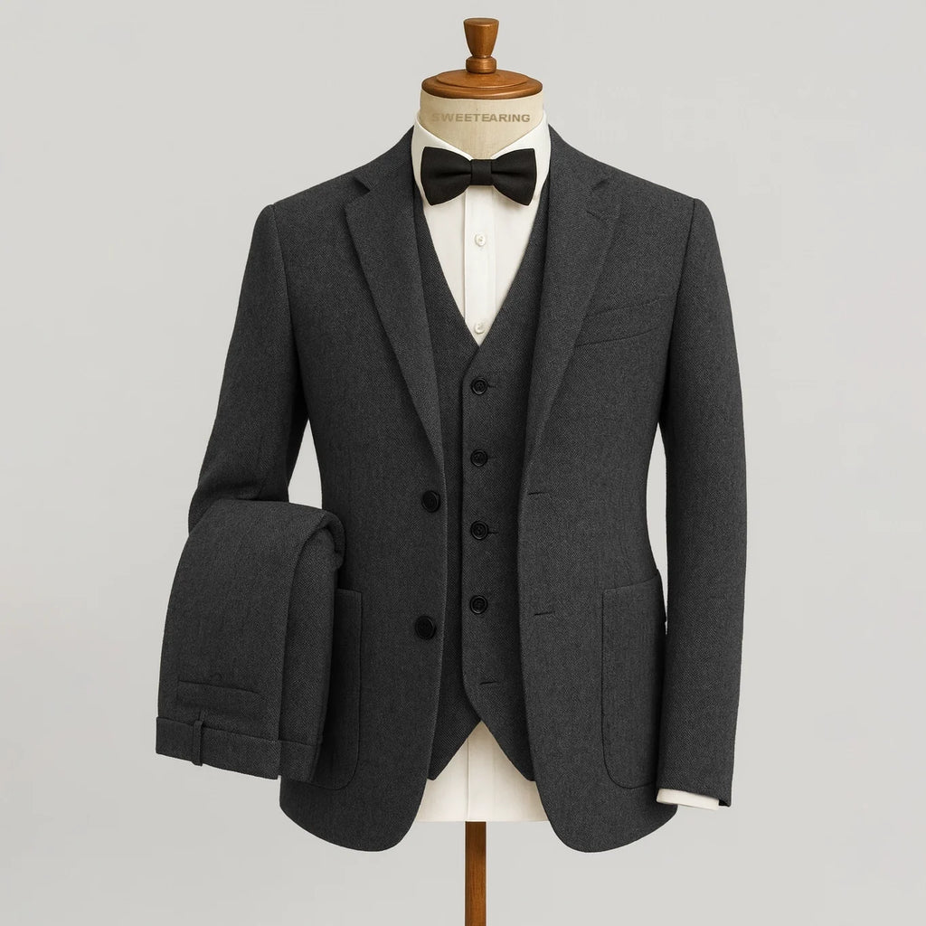 Sweetearing Tweed Suit Men's Breasted Vintage Classic Tuxedos