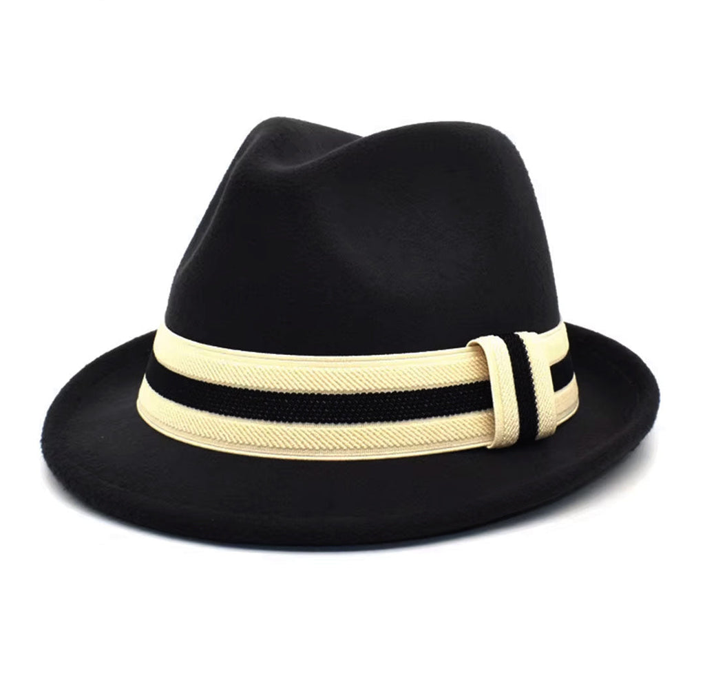 Strukturierter Trilby-Hut aus Wolle im Manhattan-Stil mit Krempe und schwarz-weiß gestreiftem Hutband