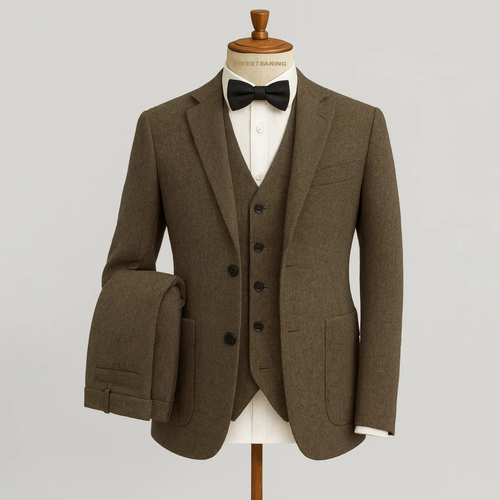 Sweetearing Tweed Suit Men's Breasted Vintage Classic Tuxedos