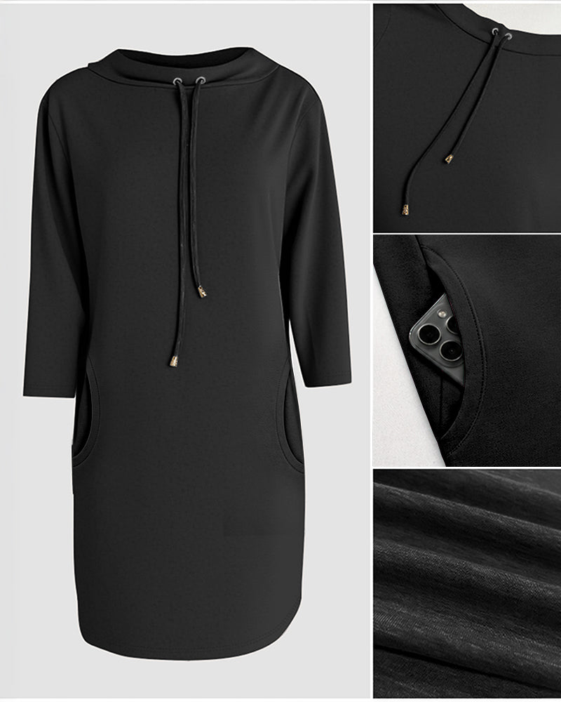 Stand Collar Drawstring Three Quarters Sleeve Casual Sweatshirt Dress