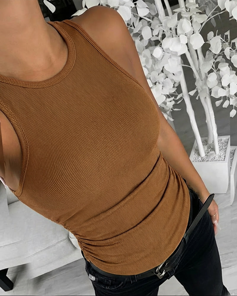 Round Neck Sleeveless Side Ruched Tank Slim Fit Ribbed Racerback Tank Top