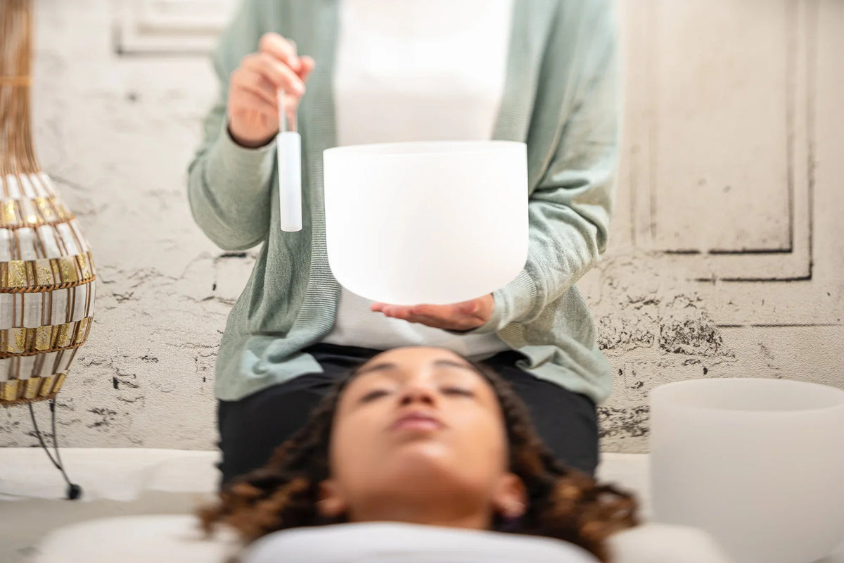 White Frosted Crystal Singing Bowl F4 Heart Chakra Meditation