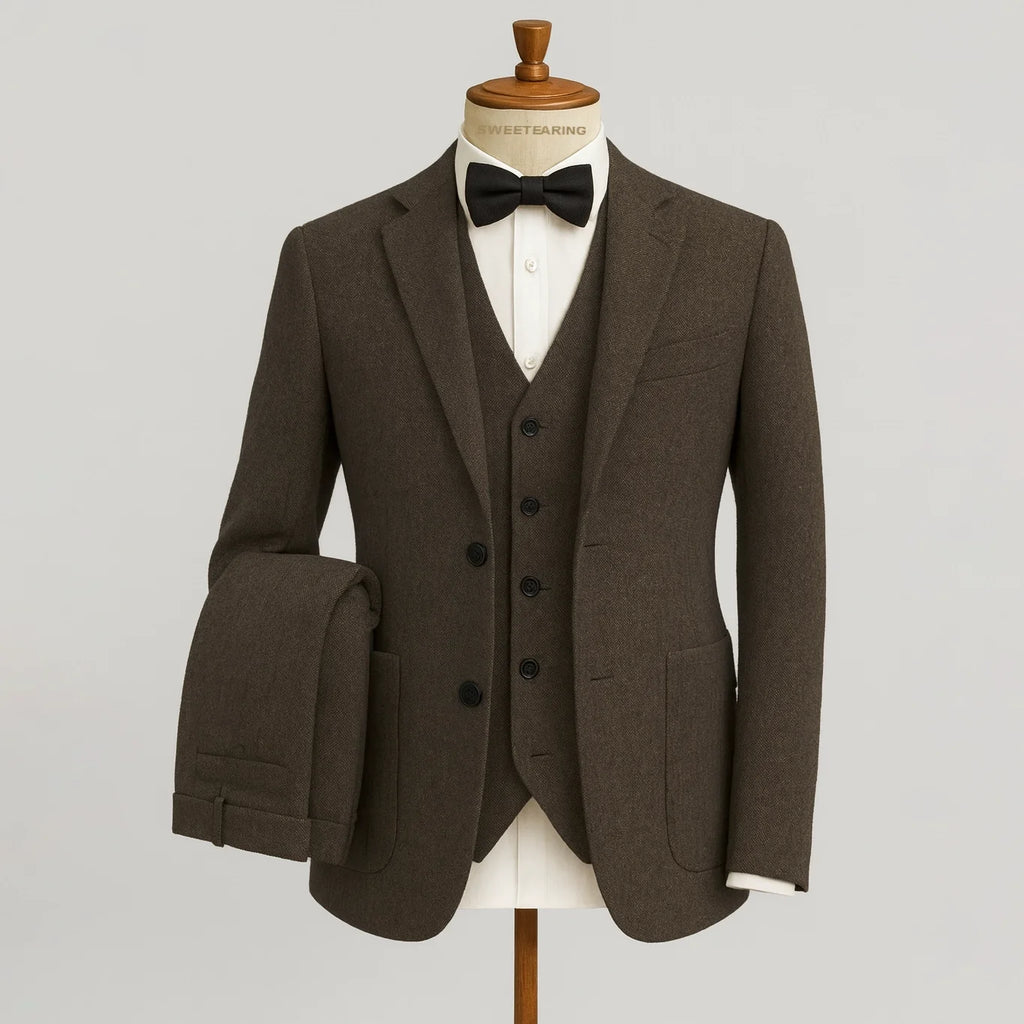 Sweetearing Tweed Suit Men's Breasted Vintage Classic Tuxedos