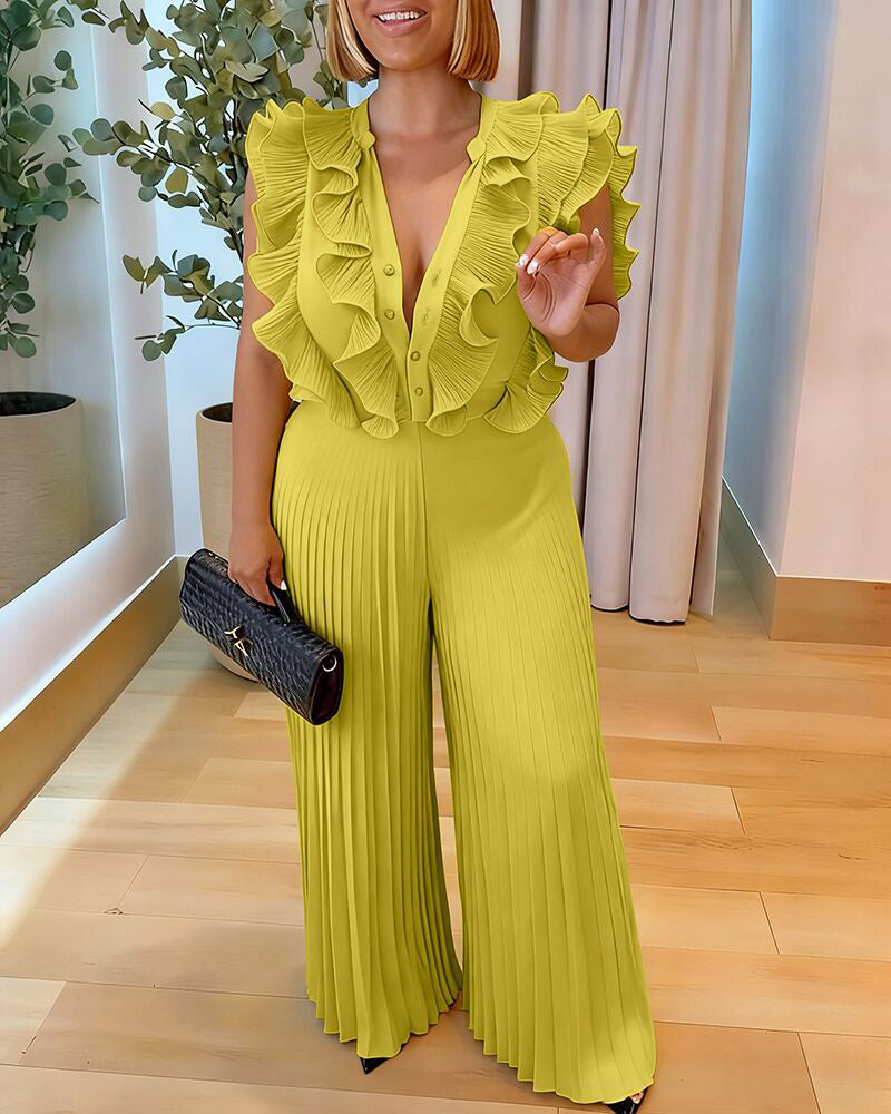 Ruffles Spliced V-Neck Sleeveless Button Front Pleated Overalls Casual Zipper Back Wide Leg Jumpsuit