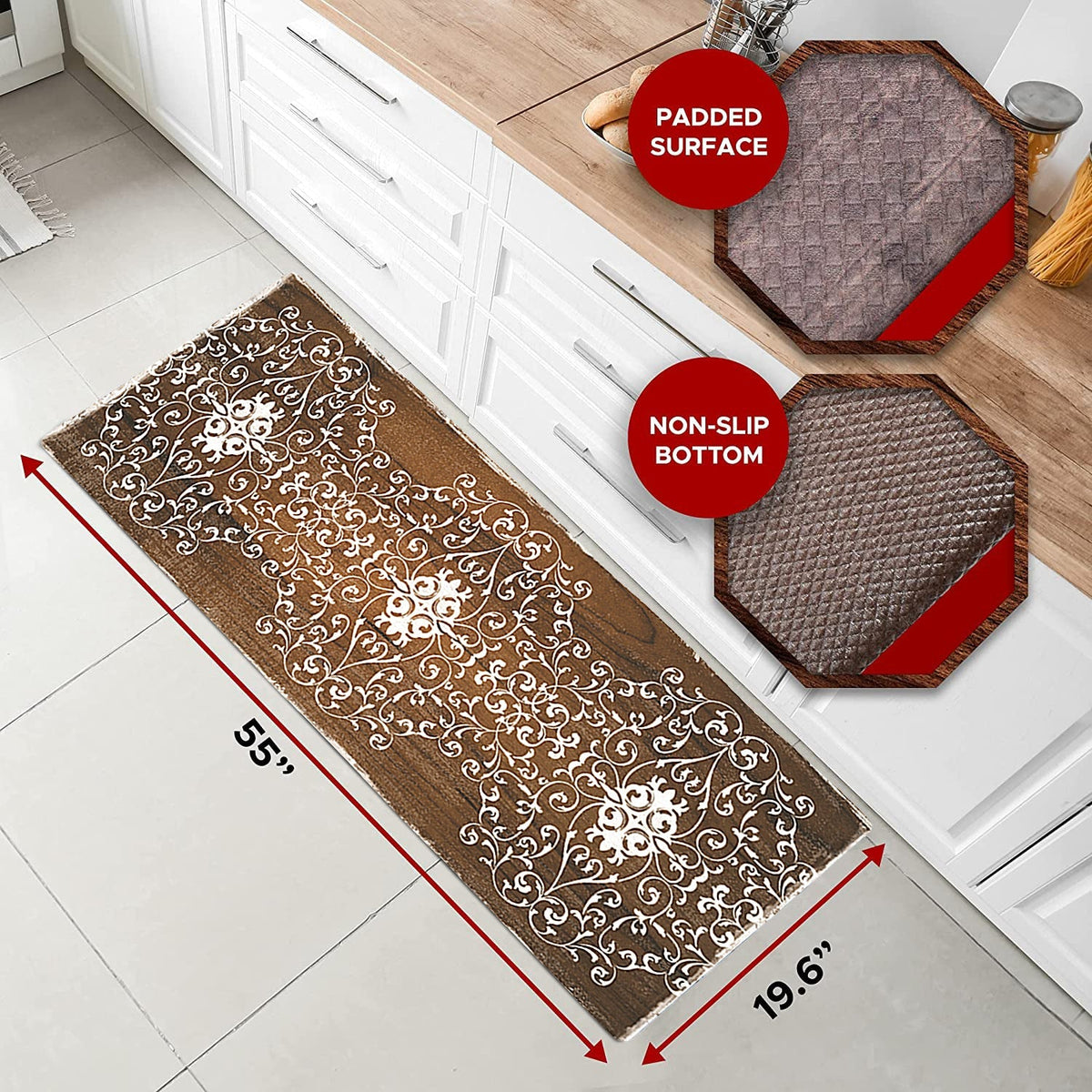 20"x55" Oversized Cushioned Anti-Fatigue Kitchen Runner Mat (Scroll)