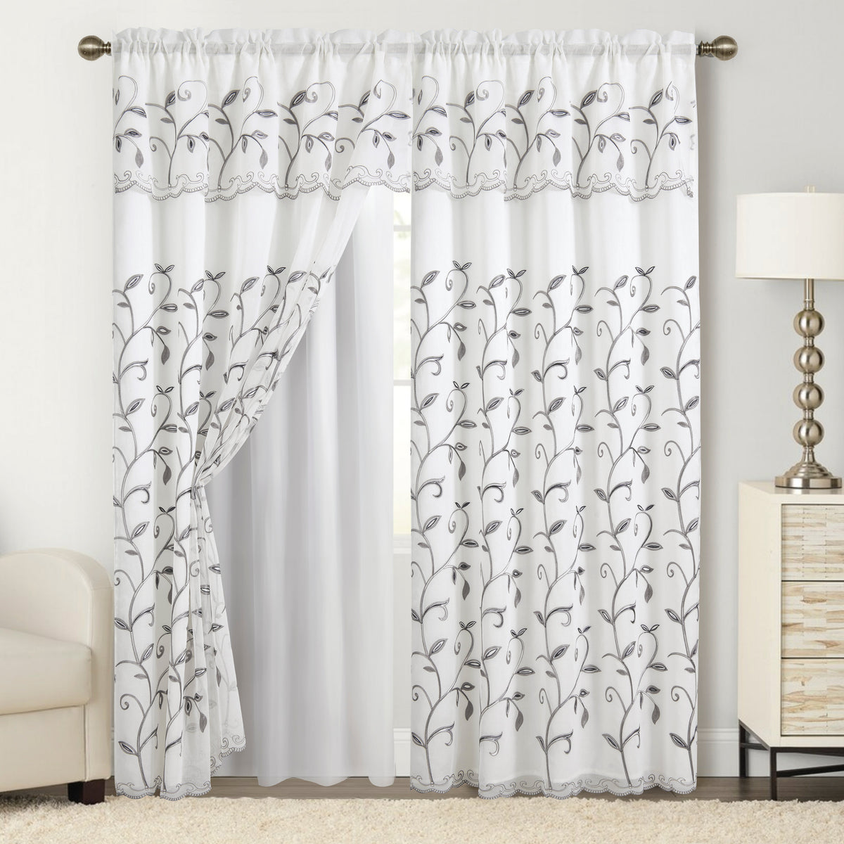 Elegant Comfort Set of 2 Lucia Curtain Panels - Attached Valance - 54" W x 84" L