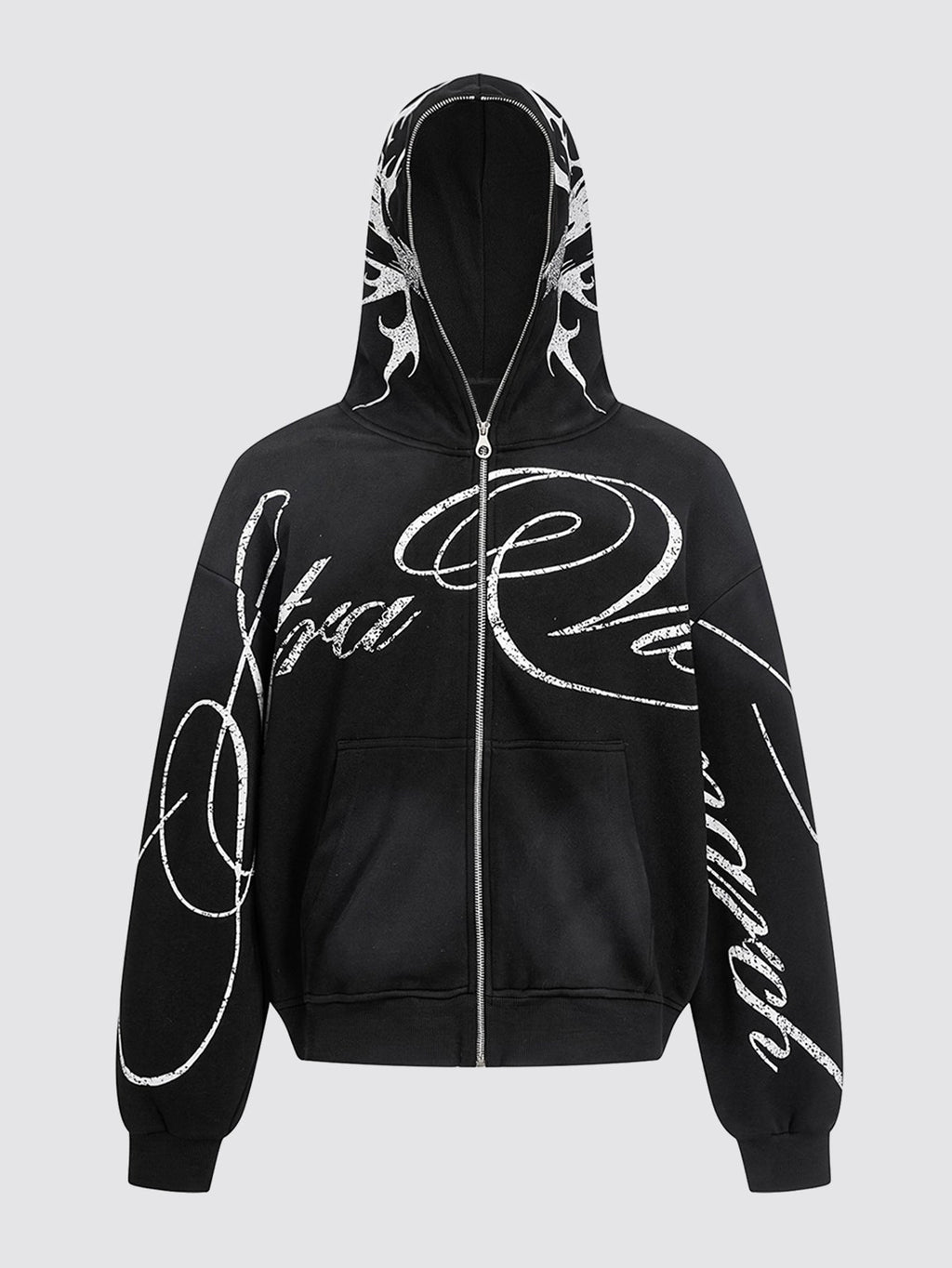 Oversized Script Graphic Zip-Up Hoodie