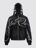 Oversized Script Graphic Zip-Up Hoodie