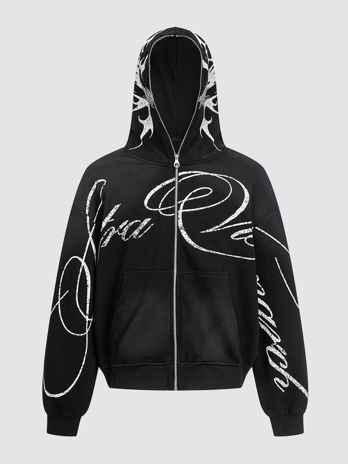 Oversized Script Graphic Zip-Up Hoodie