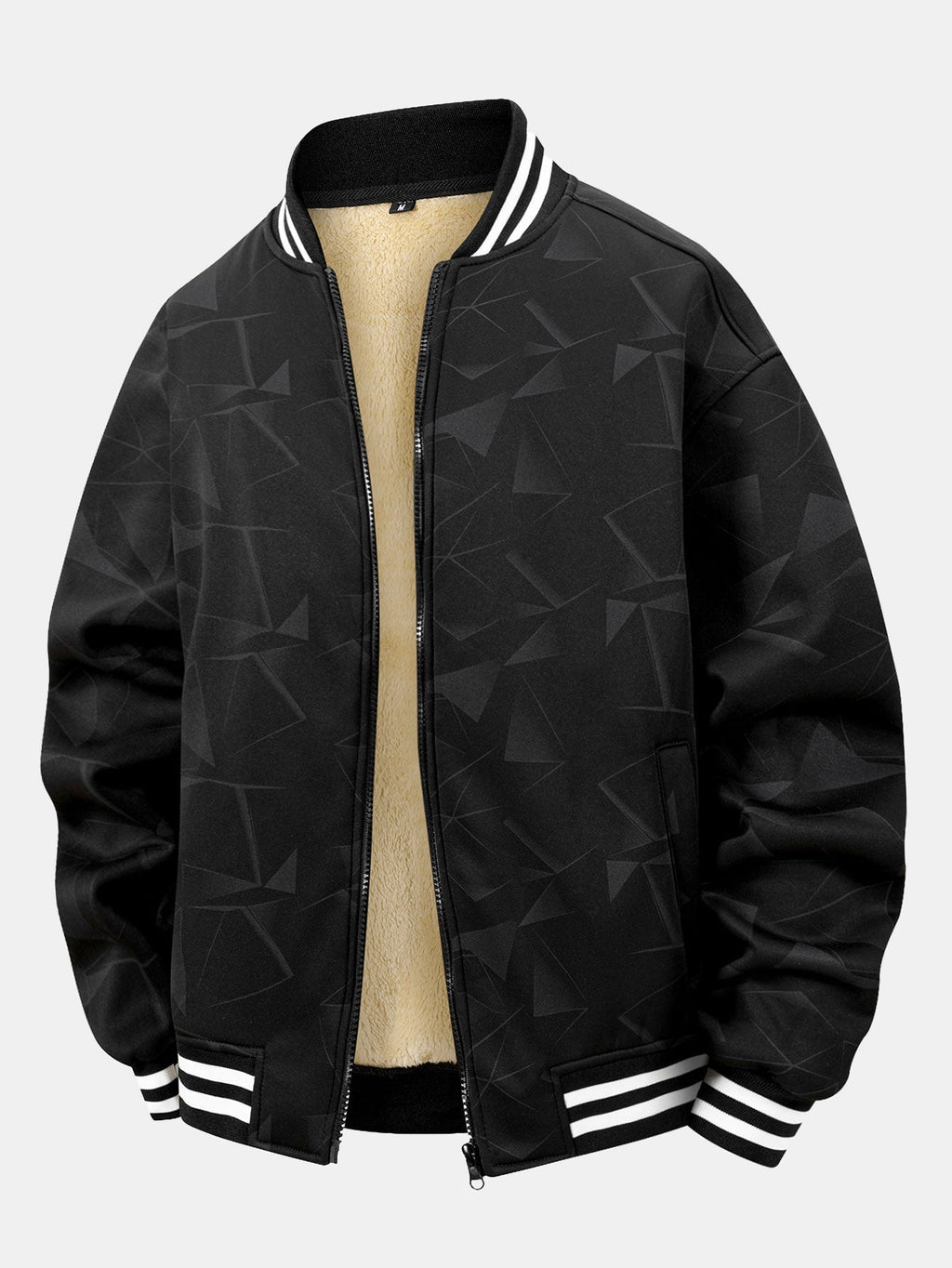 Teddy Lined Geometric Print Baseball Jacket