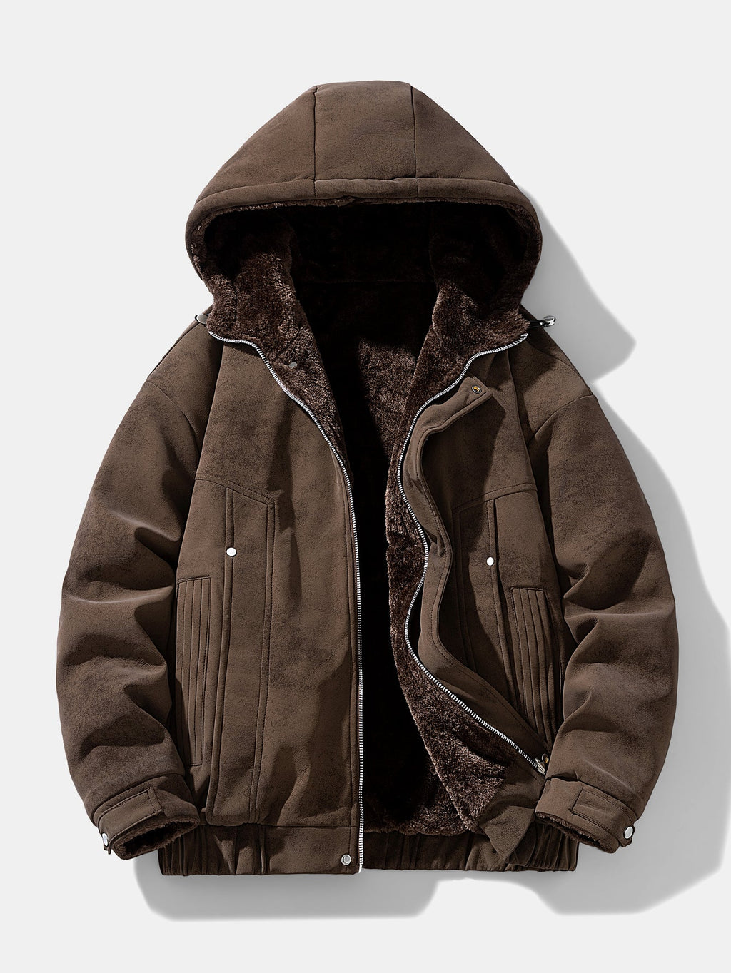 Relax Fit Suede Teddy Zipper Reversible Hooded Coat